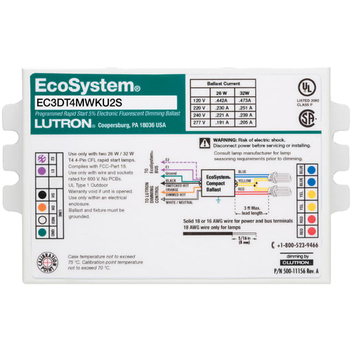 Lutron - Lutron EC3DT4MWKU1S 26 W 277 VAC 0.22 Amp T4 Compact Fluorescent Ballast