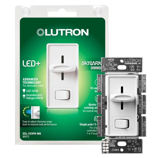 Lutron - Lutron SCL-153PH-WH 600 W 120 Volt White 1-Pole/3-Way Incandescent/Halogen Dimmer