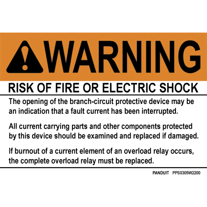 Panduit Corp - Panduit PPS0305W2200 Adhesive Sign, Polyester, Short Circuit Warning.., 3.50" x 5.00", 1 sgn/cd, 5 cds/pk, BL and OR/WH