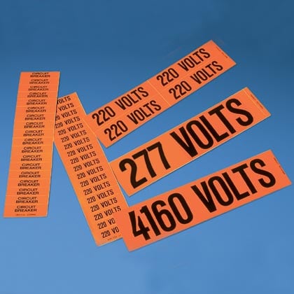 Panduit Corp - Panduit PCV-120CY Voltage Marker, Vinyl, '120 VOLTS, 2.25"Wx.50"H, 18/card, 5 cards/pk, BL/OR