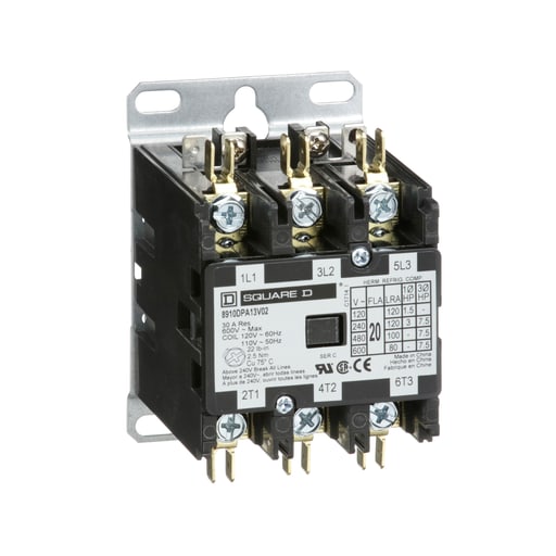 Square-D / Schneider - Square D 8910DPA13V02 110/120 VAC 20 Amp 3-Pole 3NO NEMA 1 Non-Reversing Definite Purpose Contactor