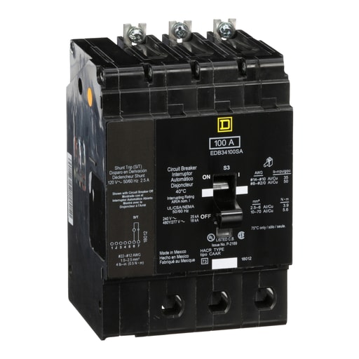 Square-D / Schneider - Square D EDB34100SA 3-Pole 100 Amp 480 Star/277 Volt Thermal Magnetic Miniature Circuit Breaker