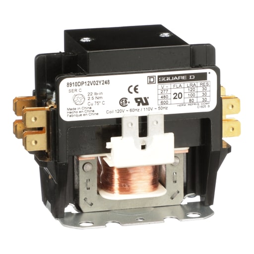 Square-D / Schneider - Square D 8910DP12V02Y248 110/120 VAC 20 Amp 2-Pole NEMA 1 Non-Reversing Definite Purpose Contactor
