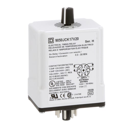 Square-D / Schneider - Square D 9050JCK17V20 120 VAC 110 VDC Coil 10 Amp DPDT Plug-In Socket Mount AC/DC Timing Relay