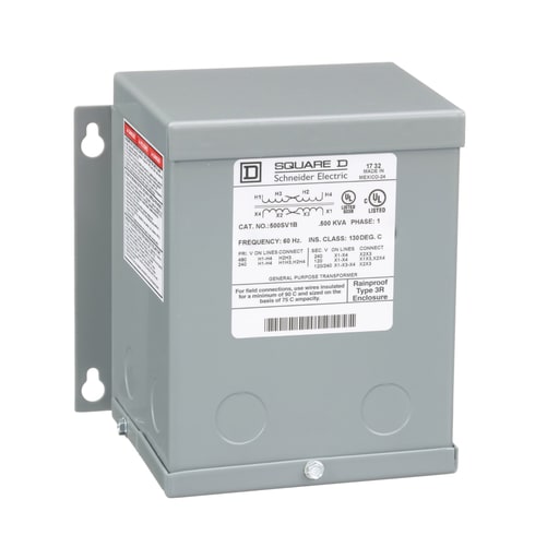 Square-D / Schneider - Square D 500SV1B 0.5 kVa 240 x 480 VAC Primary 120/240 VAC Secondary Dry Type General Purpose Transformer