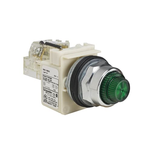 Square-D / Schneider - Square D 9001KT35G31 30 mm 120 VAC Green Lens Metal Bezel Push to Test Round Pilot Light