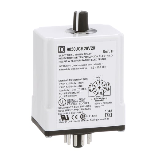 Square-D / Schneider - Square D 9050JCK29V20 120 VAC 110 VDC Coil 10 Amp DPDT Plug-In Socket Mount AC/DC Timing Relay