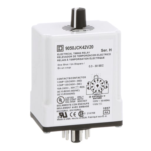 Square-D / Schneider - Square D 9050JCK42V20 120 VAC 110 VDC Coil 10 Amp DPDT Plug-In Socket Mount AC/DC Timing Relay