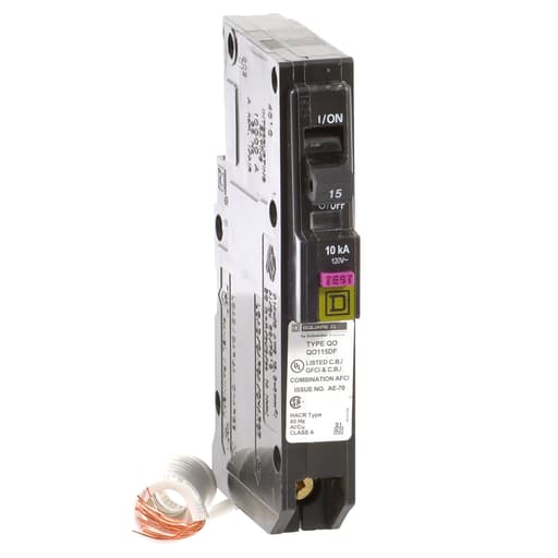 Square-D / Schneider - Square D QO115DF Combination Arc-Fault & Ground Fault Circuit Breaker (Pigtail Neutral), 15A 120V 1Ph 1Pole, 10kAIR