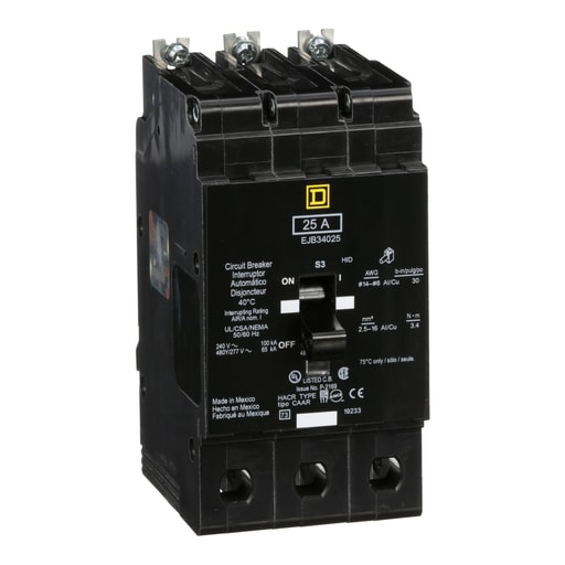 Square-D / Schneider - Square D EJB34025 3-Pole 25 Amp 480 Star/277 Volt Thermal Magnetic Miniature Circuit Breaker