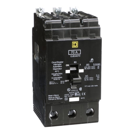 Square-D / Schneider - Square D EJB34070 3-Pole 70 Amp 480 Star/277 Volt Thermal Magnetic Miniature Circuit Breaker