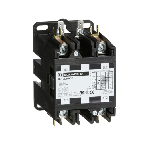 Square-D / Schneider - Square D 8910DPA52V09 208 to 240 VAC 50 Amp 2-Pole 2NO NEMA 1 Non-Reversing Definite Purpose Contactor