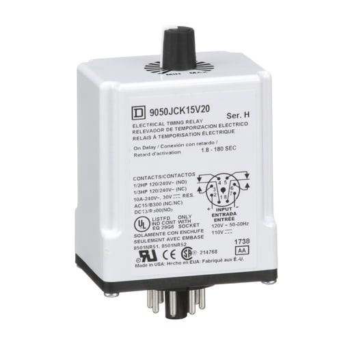 Square-D / Schneider - Square D 9050JCK15V20 120 VAC 110 VDC Coil 10 Amp DPDT Plug-In Socket Mount AC/DC Timing Relay