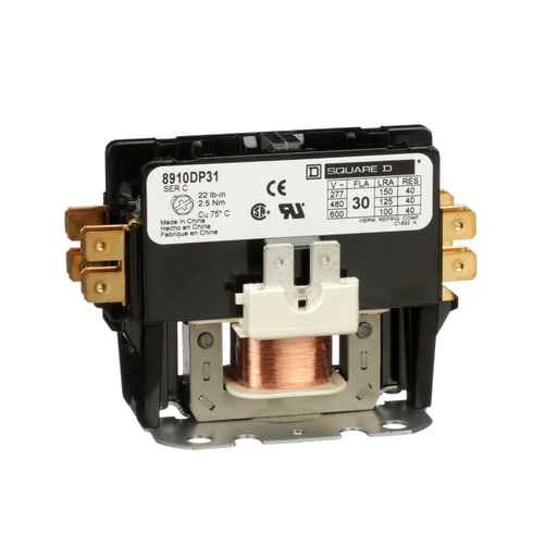 Square-D / Schneider - Square D 8910DP31V14 24 VAC 30 Amp 1-Pole 1NO NEMA 1 Non-Reversing Definite Purpose Contactor