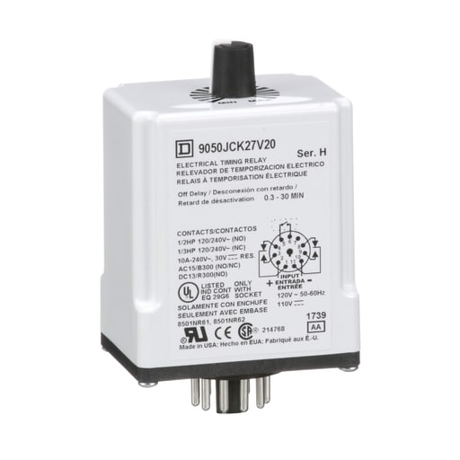 Square-D / Schneider - Square D 9050JCK27V20 120 VAC 110 VDC Coil 10 Amp DPDT Plug-In Socket Mount AC/DC Timing Relay