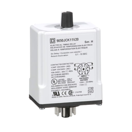 Square-D / Schneider - Square D 9050JCK11V20 120 VAC 110 VDC Coil 10 Amp DPDT Socket Mount AC/DC Electronic Timing Relay