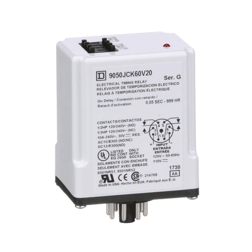 Square-D / Schneider - Square D 9050JCK60V20 120 VAC 110 VDC Coil 10 Amp DPDT Plug-In Socket Mount AC/DC Timing Relay