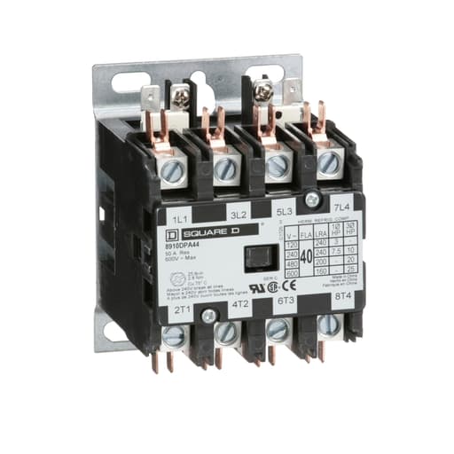 Square D 8910DPA44V09 208 to 240 VAC 40 Amp 4-Pole 4NO NEMA 1 Non-Reversing Definite Purpose Contactor