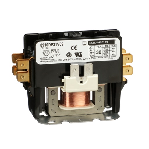 Square-D / Schneider - Square D 8910DP31V09 208 to 240 VAC 30 Amp 1-Pole 1NO NEMA 1 Non-Reversing Definite Purpose Contactor