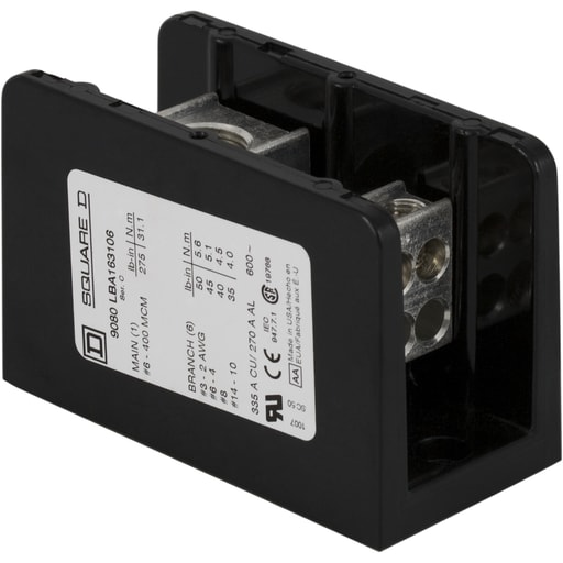 Square-D / Schneider - Square D 9080LBC163106 380 Amp 600 Volt 4 AWG to 500 MCM Primary Phenolic 1-Pole Standard Power Distribution Block