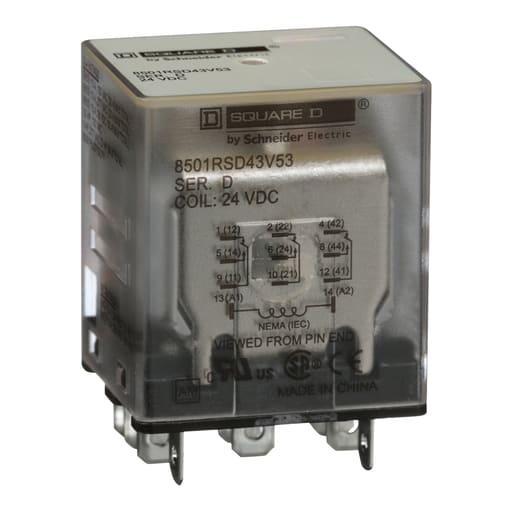 Square-D / Schneider - Square D 8501RSD43V53 24 VDC 10 Amp 3PDT 3CO Socket Mount DC Operated Miniature Plug-In Relay