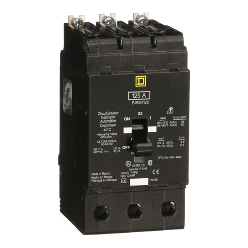Square-D / Schneider - Square D EJB34125 3-Pole 125 Amp 480 Star/277 Volt Thermal Magnetic Miniature Circuit Breaker