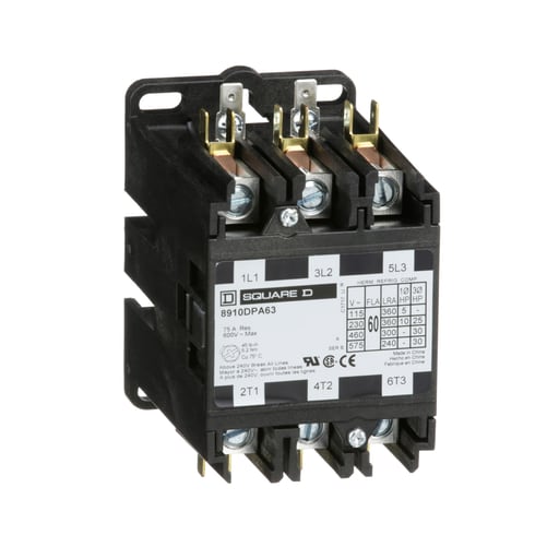 Square-D / Schneider - Square D 8910DPA63V06 440/480 VAC 60 Amp 3-Pole 3NO NEMA 1 Non-Reversing Definite Purpose Contactor