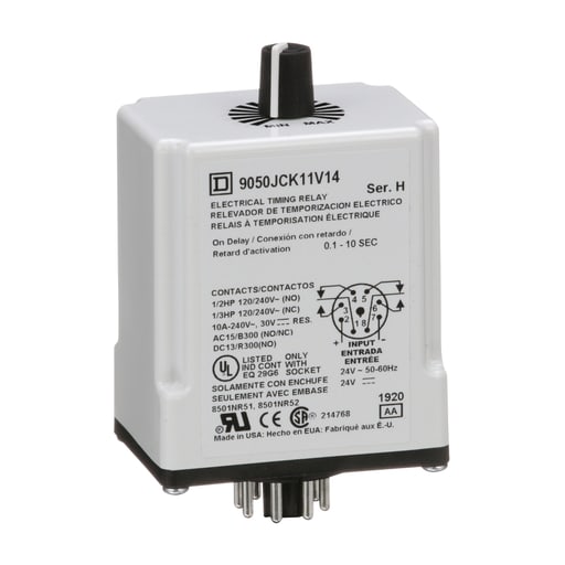 Square-D / Schneider - Square D 9050JCK11V14 24 VAC/VDC Coil 10 Amp DPDT Socket Mount AC/DC Electronic Timing Relay
