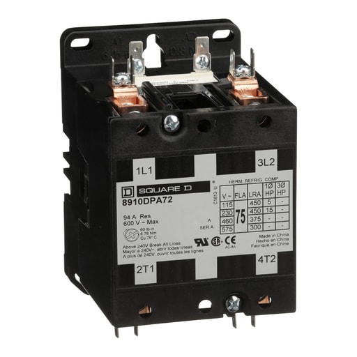 Square-D / Schneider - Square D 8910DPA72V09 208 to 240 VAC 75 Amp 2-Pole 2NO NEMA 1 Non-Reversing Definite Purpose Contactor