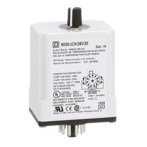 Square-D / Schneider - Square D 9050JCK28V20 120 VAC 110 VDC Coil 10 Amp DPDT Plug-In Socket Mount AC/DC Timing Relay