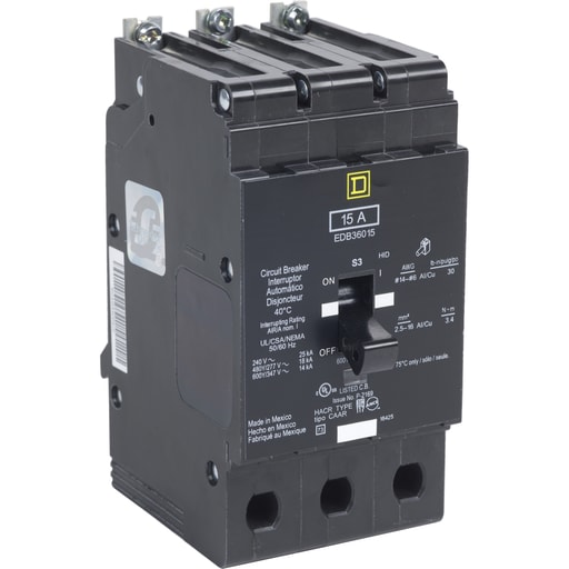 Square-D / Schneider - Square D EGB36015 3-Pole 15 Amp 600 Volt Thermal Magnetic Miniature Circuit Breaker