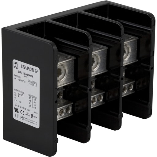 Square-D / Schneider - Square D 9080LBA364108 335 Amp 600 Volt 6 AWG to 400 kcmil Primary Phenolic 3-Pole Standard Power Distribution Block