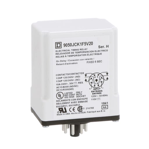 Square-D / Schneider - Square D 9050JCK1F5V20 24 VAC 110 VDC Coil 10 Amp DPDT Plug-In Socket Mount AC/DC Timing Relay