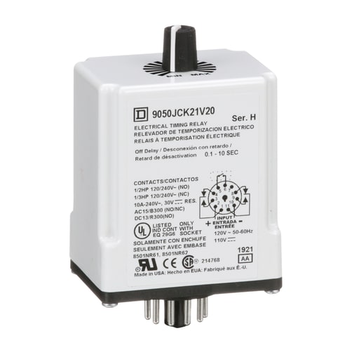 Square-D / Schneider - Square D 9050JCK21V20 120 VAC 110 VDC Coil 10 Amp DPDT Plug-In Socket Mount AC/DC Timing Relay