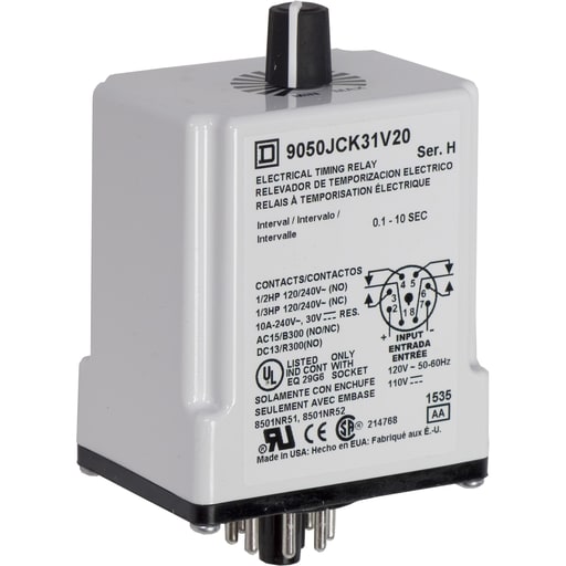 Square-D / Schneider - Square D 9050JCK31V20 120 VAC 110 VDC Coil 10 Amp DPDT Plug-In Socket Mount AC/DC Timing Relay