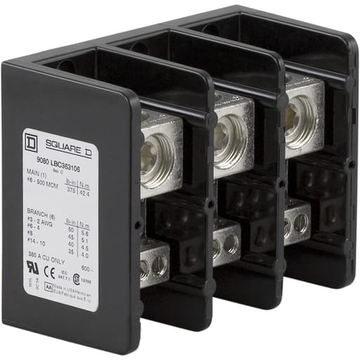 Square-D / Schneider - Square D 9080LBC363106 380 Amp 600 Volt 4 AWG to 500 MCM Primary Phenolic 3-Pole Standard Power Distribution Block