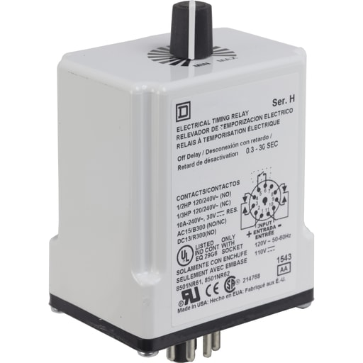 Square-D / Schneider - Square D 9050JCK24V20 120 VAC 110 VDC Coil 10 Amp DPDT Plug-In Socket Mount AC/DC Timing Relay