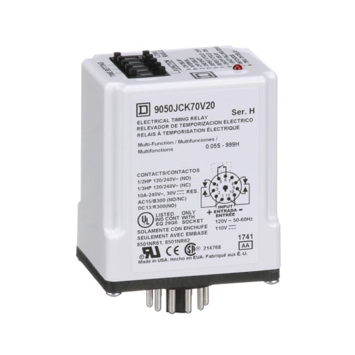 Square-D / Schneider - Square D 9050JCK70V20 120 VAC 110 VDC Coil 10 Amp DPDT Plug-In Socket Mount AC/DC Timing Relay