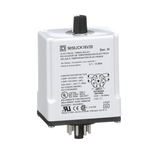 Square-D / Schneider - Square D 9050JCK16V20 120 VAC 110 VDC Coil 10 Amp DPDT Plug-In Socket Mount AC/DC Timing Relay