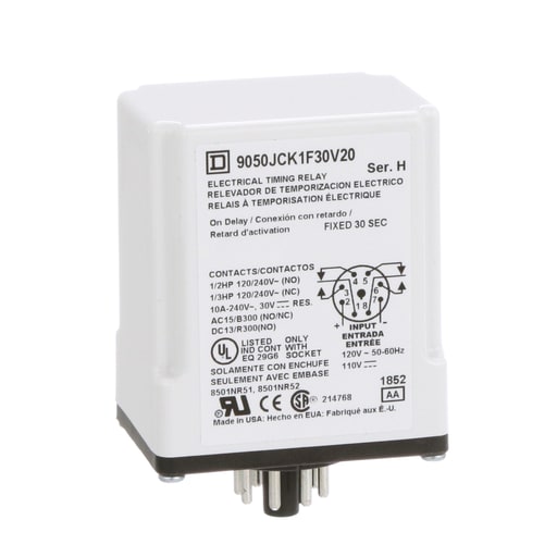 Square-D / Schneider - Square D 9050JCK1F30V20 120 VAC 110 VDC Coil 10 Amp DPDT Plug-In Socket Mount AC/DC Timing Relay