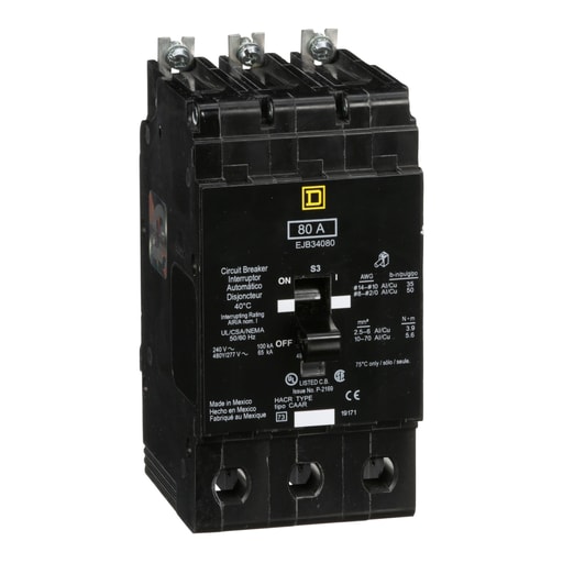 Square-D / Schneider - Square D EJB34080 3-Pole 80 Amp 480 Star/277 Volt Thermal Magnetic Miniature Circuit Breaker