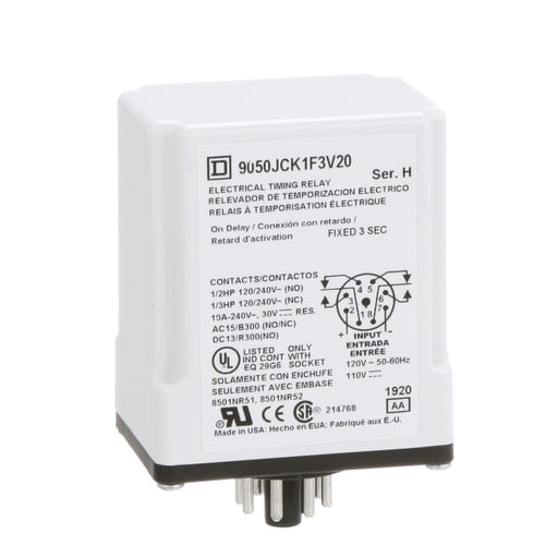 Square-D / Schneider - Square D 9050JCK1F3V20 120 VAC 110 VDC Coil 10 Amp DPDT Plug-In Socket Mount AC/DC Timing Relay