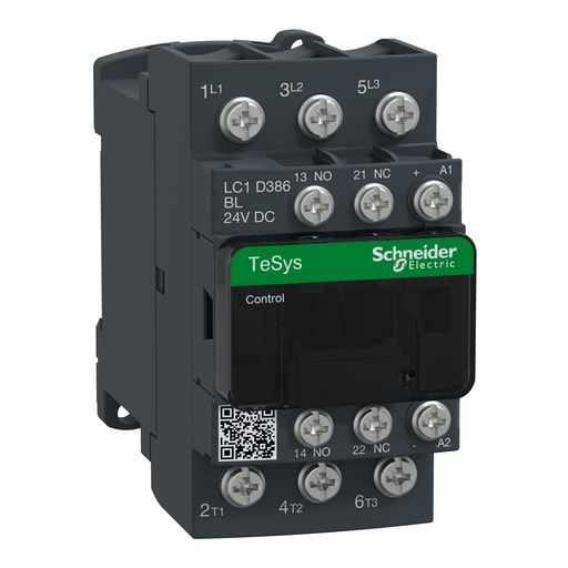 Square-D / Schneider - Square D LC1D386BL IEC Contactor, TeSys Deca, Nonreversing, 38A, 20HP at 480VAC, 3Phase, 3Pole, 3 NO, Low Consumption, 24VDC Coil, Open