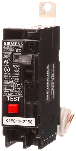 Siemens - Siemens BE120 1-Pole 20 Amp 120 Volt 10 K 30 mA Circuit Breaker