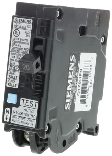 Siemens - Siemens Q120DFN 1-Pole 20A 120V AC Dual Function Arc Fault/Ground Fault (AFCI/GFCI) Circuit Breaker, Plug-On Neutral, 10kA