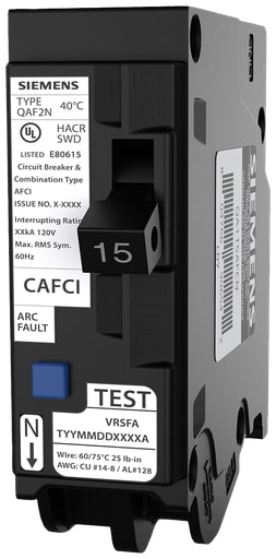 Siemens - Siemens QA115AFCN 1-Pole 15A 120V AC Combination Arc Fault Circuit Interrupter (AFCI) Breaker, Plug-On Neutral, 10kA