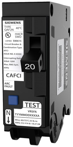 Siemens - Siemens QA120AFCN 1-Pole 20A 120V AC Combination Arc Fault Circuit Interrupter (AFCI) Breaker, Plug-On Neutral, 10kA