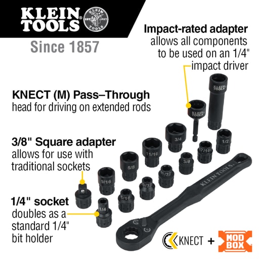 Klein Tool - Klein 65400 KNECT™ 15pc Impact-Rated Pass-Through Socket Wrench Set, 3/8" Square Drive Adapter
