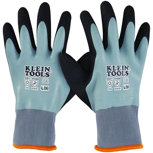 Klein Tool - Klein 60389 Thermal Dipped Winter Gloves, Gray Knit, Black Coating, Orange Trimmed Cuff - Large