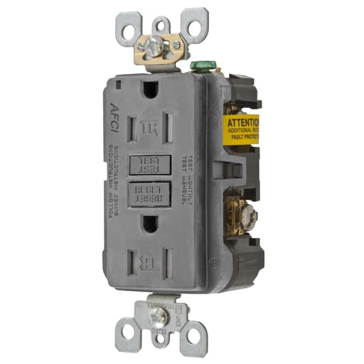 Hubbell Wiring Device - Hubbell AFR15TRGY 15 Amp 125 Volt 2-Pole 3-Wire NEMA 5-15R Gray Arc Fault Receptacle with LED Indicator